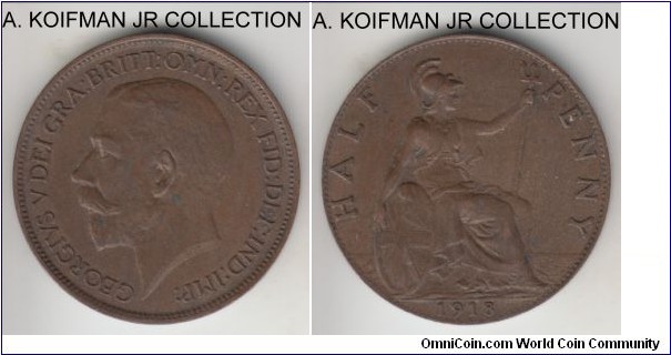 KM-809, 1918 Great Britain penny; bronze, plain edge; early George V, nice grade, good very fine or better.
