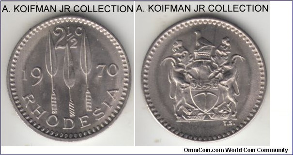 KM-11, 1970 Rhodesia 2 1/2 cents; copper-nickel, plain edge; one year type, brilliant uncirculated.