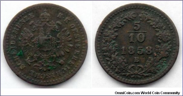 Austria 5/10 kreuzer.
1858 B - Kremnica