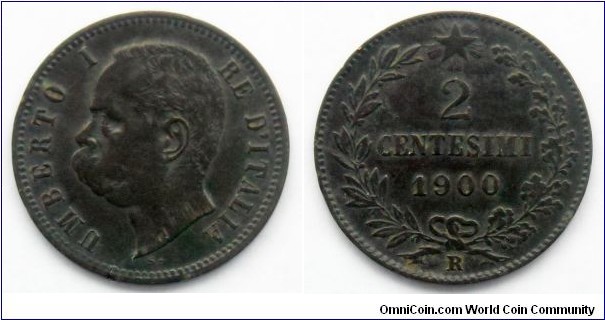 Italy 2 centesimi.
1900, King Umberto I