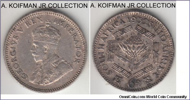 KM-16.2, 1932 South Africa (Dominion) 6 pence; silver, reeded edge; George V, somewhat scarcer in high grades, decent extra fine or about details, heavy reverse toning.