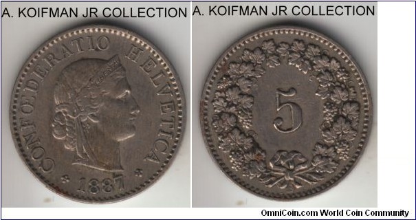 KM-26, 1887 Switzerland 5 rappen; copper-nickel, plain edge; smaller mintage year, decent very fine or so.