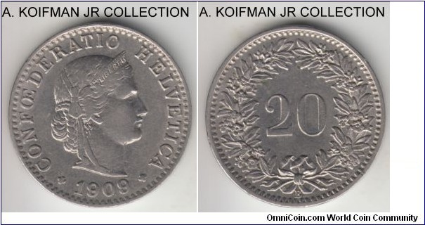 KM-26, 1909 Switzerland 20 rappen, Berne mint (B mint mark); nickel, plain edge; modern Confederation coinage, high grade, good extra fine or better, a couple of reverse spots.