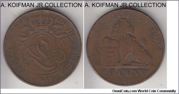 KM-2.1, 1833 Belgium 10 centimes; copper, plain edge; early leopold I, well circulated, but the whole type is scarce and well circulated.