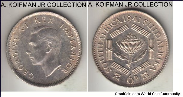 KM-27, 1941 South Africa (Dominion) 6 pence; silver, reeded edge; George VI, average uncirculated, weak war time strike as common.