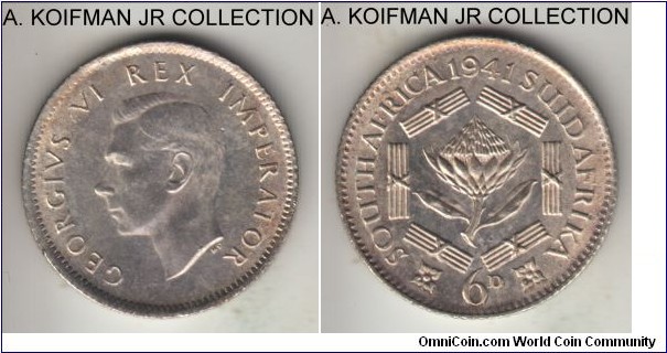 KM-27, 1941 South Africa (Dominion) 6 pence; silver, reeded edge; George VI, average uncirculated, weak war time strike as common.