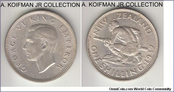 KM-9, 1937 New Zealand shilling; silver, reeded edge; George VI first, coronation year, lightly toned uncirculated.