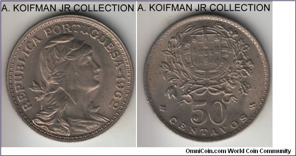 KM-577, 1962 Portugal 50 centavos; copper-nickel, reeded edge; uncirculated, some reverse toning.
