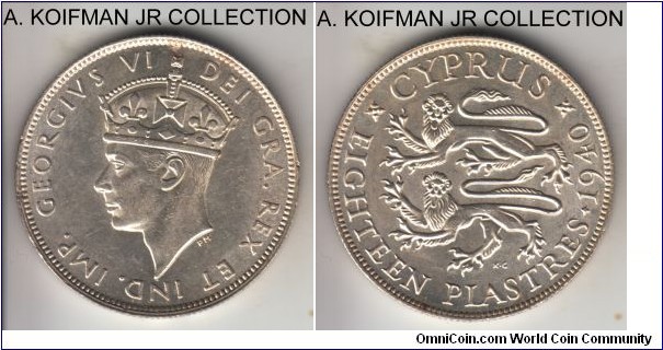KM-26, 1940 Cyprus 18 piastres; silver, reeded edge; George VI, scarce two year type, mintage 100,000, bright uncirculated, a couple of edge contact marks.