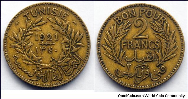 Tunisia 2 francs.
1921, Monnaie de Paris (Paris Mint)