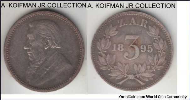KM-3, 1895 Zuid-Afrikkansche Republiek (ZAR) South Africa 3 pence; silver, plain edge; Boer Republic issue, scarcest year, good fine or better.