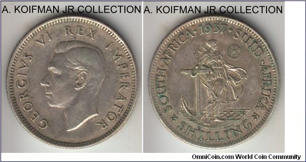 KM-28, 1937 South Africa (Dominion) shilling; silver, reeded edge; George VI, first, coronation year, decent very fine.