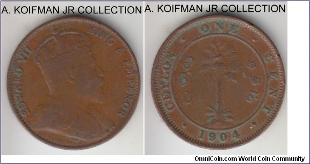 KM-102, 1904 Ceylon ent; copper, plain edge; Edward VII, well circulated, fine or almost.