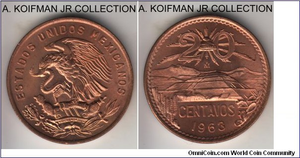 KM-440, 1963 Mexico 20 centavos; bronze, plain edge; common and nice bright red uncirculated.