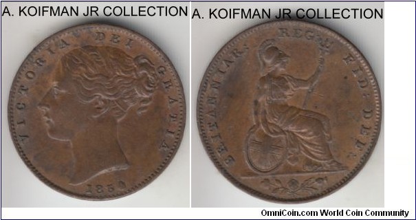 KM-725, 1854 Great Britain farthing; copper, plain edge; Victoria, first type, nice extra fine to about uncirculated specimen.