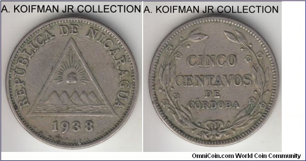 KM-12, 1936 Nicaragua 5 centavos; copper-nickel, plain edge; decent very fine or about grade.