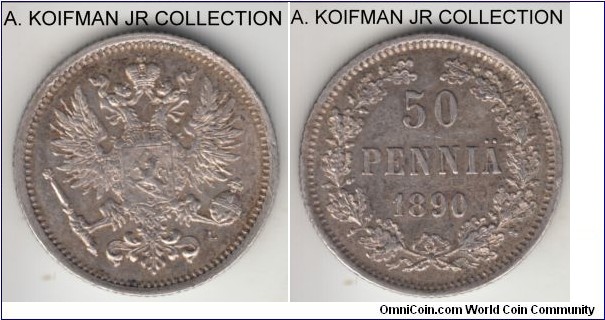 KM-2.2, 1890 Finland (Grand Duchy) 50 pennia; silver, reeded edge; Nicolas II, extra fine or about, some luster still there.