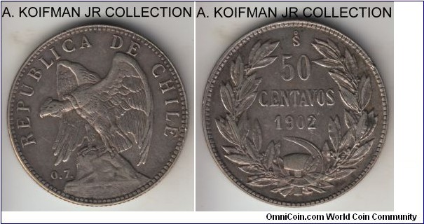 KM-160, 1902 Chile 50 centavos, Santiago mint (So mint mark); silver, reeded edge; average circulated, good fine to about very fine.