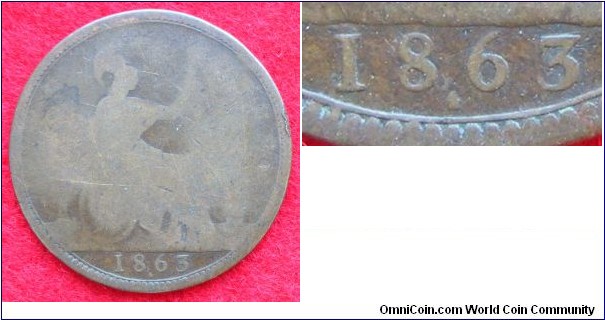 UK Penny. 1863 Die number 4. Freeman 47. Poor.