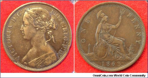 UK Penny. 1863 Open 3. Freeman 42(unlisted variant). 