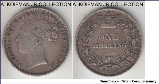 KM-734.2, 1878 Great Britain shilling; silver, reeded edge; Victoria, die 67, natural toned good fine.