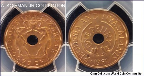 KM-2, 1961 Rhodesia & Nyasaland penny; bronze, plain edge; Elizabeth II, common, but nice coin, PCGS graded MS 65 RD.