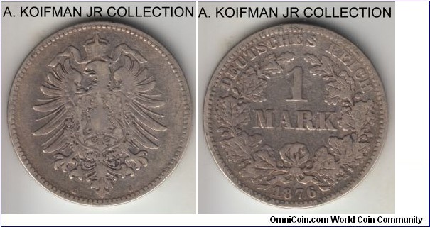 KM-7, 1876 Germany (Empire) mark, Karlsruhe mint (G mint mark); silver, reeded edge; Wilhelm I, well circulated.