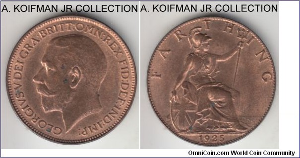 KM-808.2, 1925 Great Britain farthing; bronze, plain edge; George V, mostly red uncirculated, a few tiny carbon spots.