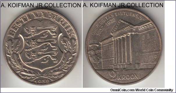 KM-13, 1932 Estonia (First Republic) 2 krooni; silver, plain edge; Tercentenniary (300 years) of the Tartu University commemorative, mintage 100,000, uncirculated or almost, hard for me to grade this type of coins.