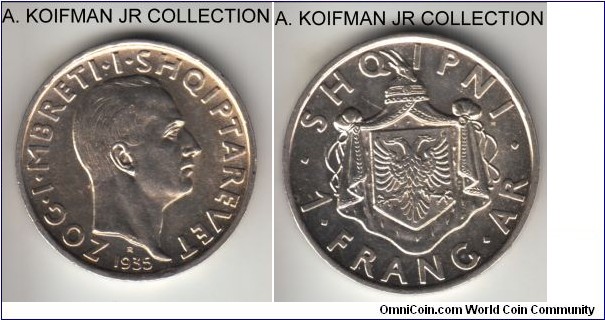KM-16, 1935 Albania frang; silver, lettered edge; Zog I, uncirculated or so.