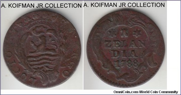 KM-101.1, 1788 Netherlands Zeeland duit; copper; decent grade, very fine or almost for the type.