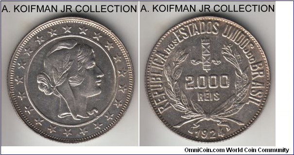 KM-526, 1924 Brazil 2000 reis; silver, reeded edge; first year of the laureat Liberty type, common but nice extra fine to good extra fine condition.