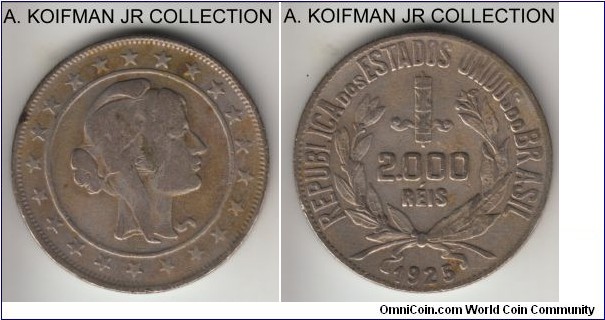 KM-526, 1925 Brazil 2000 reis; silver, reeded edge; common type, average circulated, good fine or so.