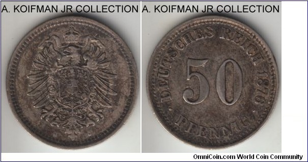 KM-7, 1876 Germany (Empire) mark, Hamburg mint (J mint mark); silver, reeded edge; Wilhelm I, decent grade, darker toned, but full shield details, very fine to good very fine.