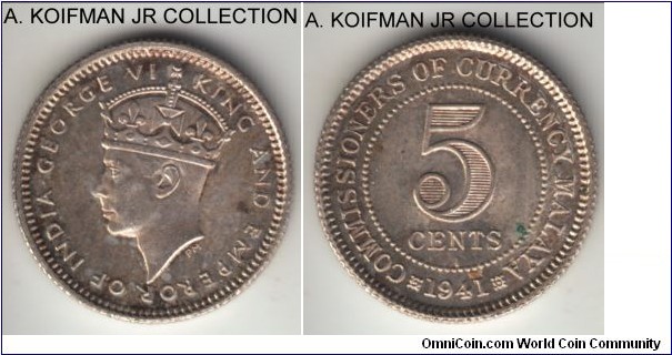 KM-3, 1941 Malaya 5 cents, Calcutta Mint (I mint mark); silver, reeded edge; George V, 2 year type before silver content was reduced, uncirculated or almost, bright multicolored toning, couple of spots.