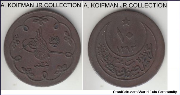 KM-744, AH1293//28 (1903) Turkey (Ottoman Empire) 10 para; low grade silver, plain edge; copper/bronze looking coin with only 10% silver content, good grade, good extra fine or better.