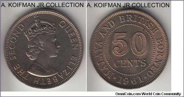 KM-1, 1961 Malaya and North Borneo 50 cents, Royal mint (no mint mark); copper-nickel, reeded security edge; Elizabeth II, bright uncirculated, couple of reverse carbon dots.