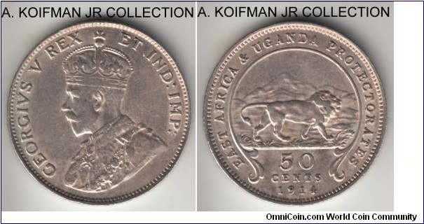 KM-9, 1914 East Africa 25 cents, Heaton mint (H mint mark); silver, reeded edge; George V, very fine to good very fine, some lustre.