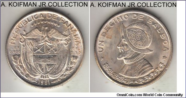 KM-24, 1961 Panama 1/10 balboa; silver, reeded edge; 1-year circulation type, choice uncirculated, some toning.