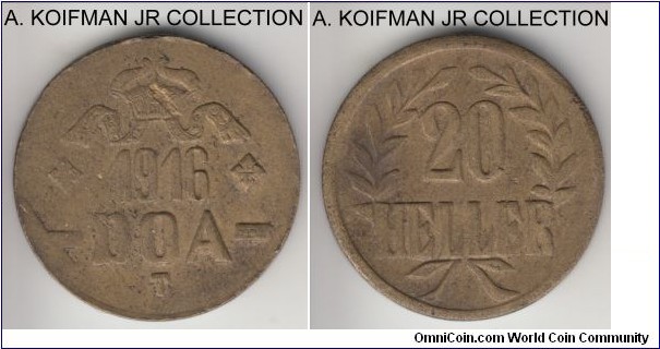 KM-15a, 1916 German East Africa 20 heller, Tabore mint (T mint mark); brass, plain edge; Wilhelm II, emergency issue of the 1916, looks brass and typically crude strike, Obv B (small crown) and reverse B (straight L's), high grade, could be extra fine or better.