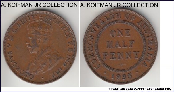 KM-22, 1935 Australia half penny, Melbourne mint (no mint mark); bronze, plain edge; George V, brown good very fine to about extra fine.