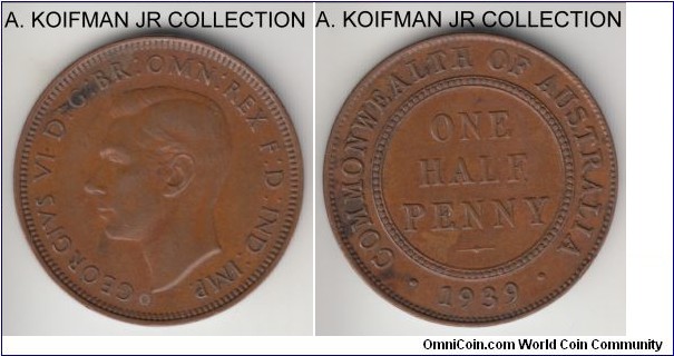 KM-35, 1939 Australia half penny, Melbourne mint (no mint mark); bronze, plain edge; first George VI type, extra fine to good extra fine, dark brown, small obverse stain.