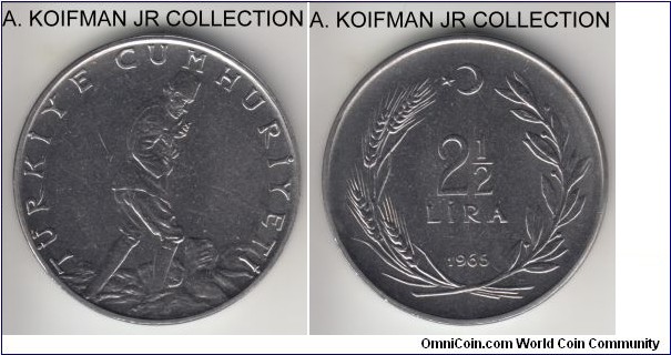 KM-893.1, 1965 Turkey 2 1/2 lira; stainless steel, lettered edge; uncirculated.