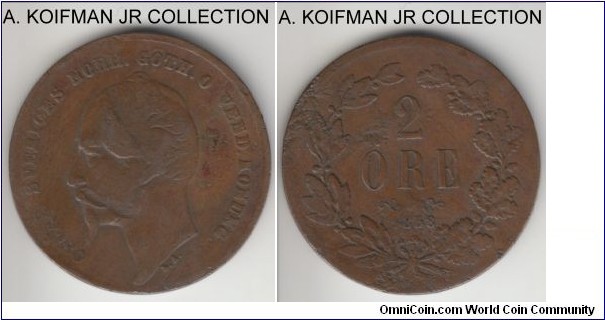KM-688, 1858 Sweden 2 ore; bronze, plain edge; Oscar I, obverse is very good or so, some corrosion, reverse is better.