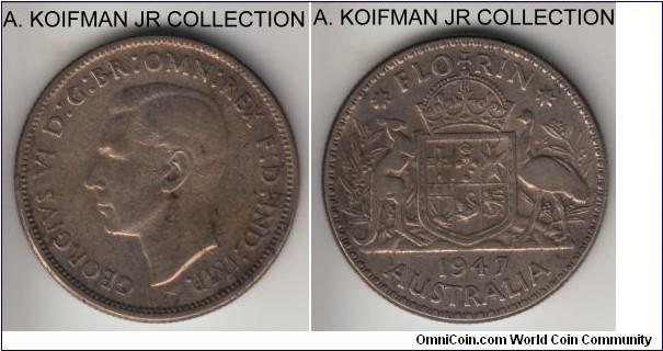 KM-40a, 1947 Australia florin, Melbourne mint (no mint mark); silver, reeded edge; George VI, reduced silver content in this first post war type, fine or better.