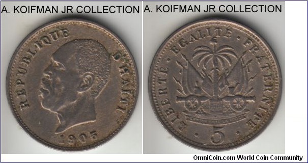 KM-53, 1905 Haiti 5 centimes; copper-nickel, plain edge; more common of the 2 years this type was minted, good very fine or so.