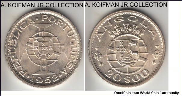 KM-74, 1952 Portuguese Angola 20 escudos; silver, reeded edge; Portugues colonial issue, bright choice uncirculated.