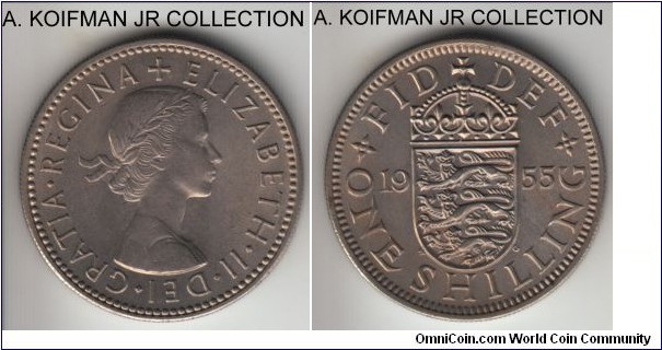KM-904, 1955 Great Britain shilling; copper nickel, reeded edge; Elizabeth II, English crest type, average uncirculated.