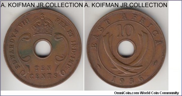 KM-24, 1936 East Africa 10 cents, Royal Mint (no mint mark); bronze, plain edge; holed flan; Edward VIII one year mintage, good very fine or so.