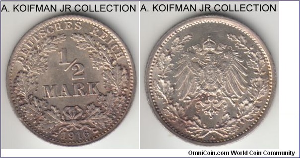 KM-17, 1916 Germany (Empire) half mark, Berlin mint (A mint mark); silver, reeded edge; Wilhelm II, World War II mintage, common, uncirculated but some heavier toning.